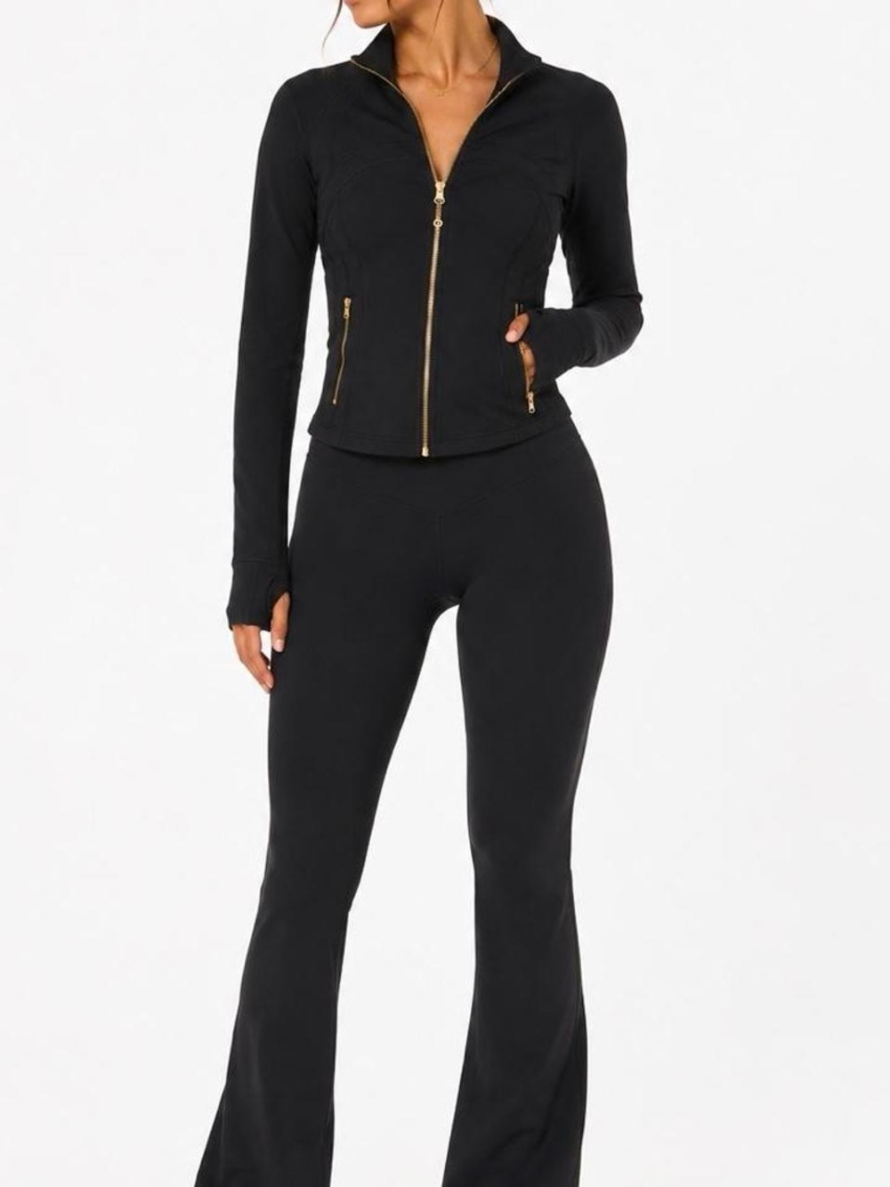 Women's Black lululemon with gold zipper and flare pants